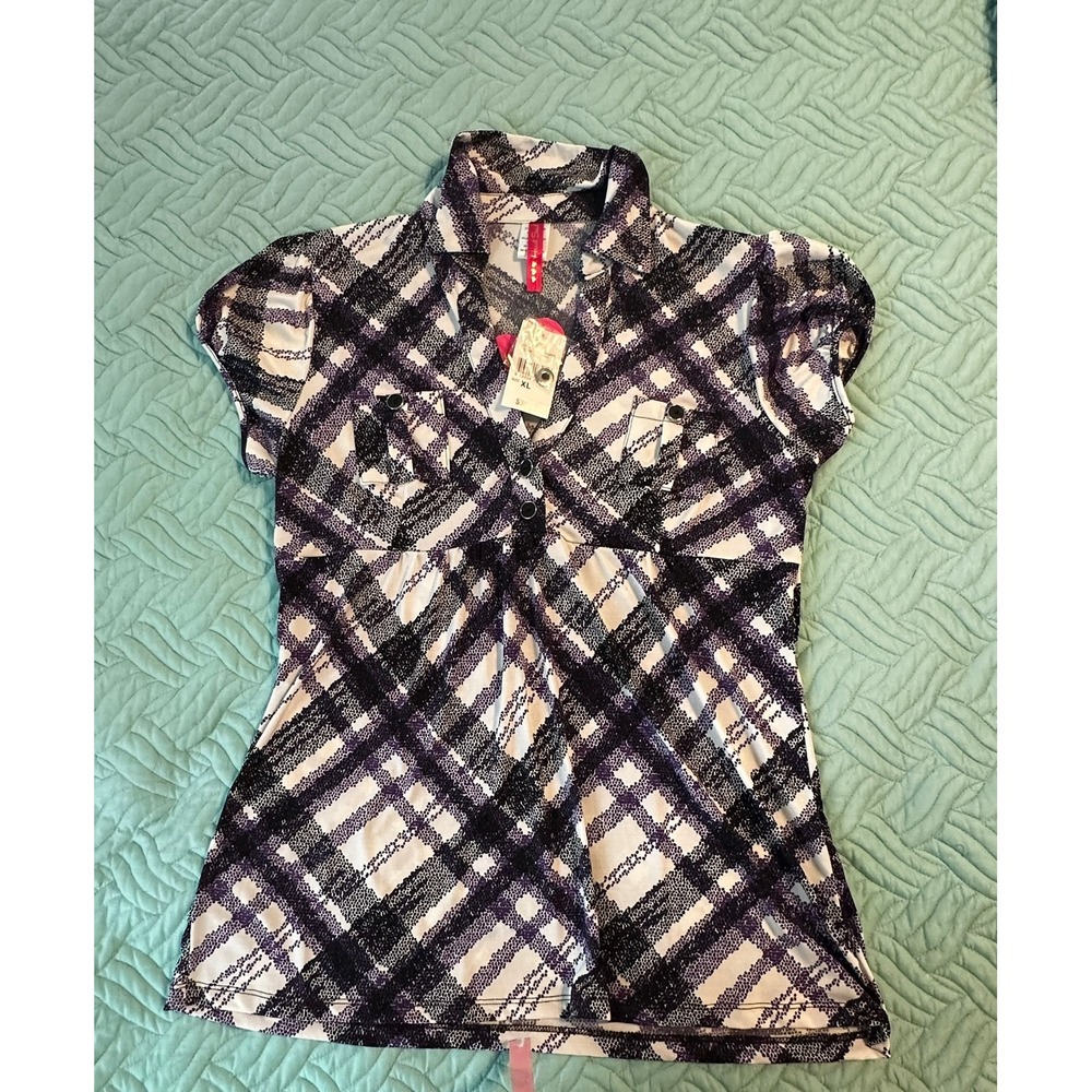 Heart Soul Purple Black Plaid Snakeskin Print Puff Sleeve Top XL NWT 22184JK65